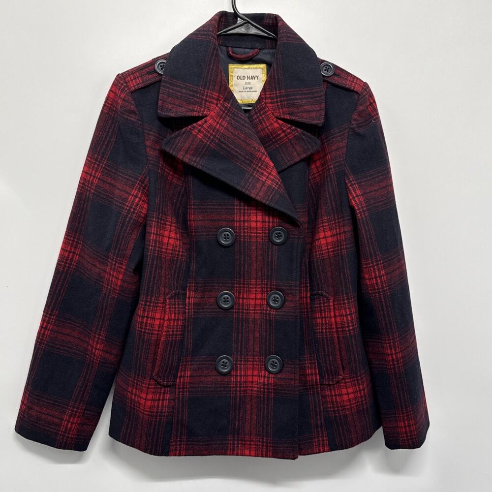 Old Navy Recycled Wool Blend Red Plaid Double Breasted Jacket Pea Coat Sz L